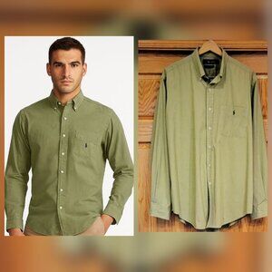 Ralph Lauren Yarmouth Oxford Button Down Pony Logo Shirt Olive Green Pinstripe